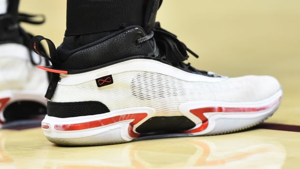 View of white and black Jordan shoes.